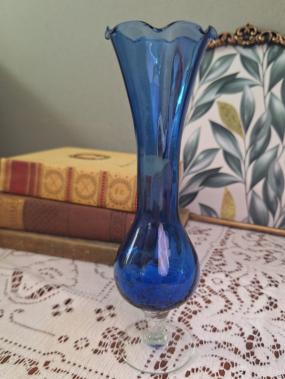 Vintage Cobalt Blue Fluted Pedestal Bud Vase With Clear Base